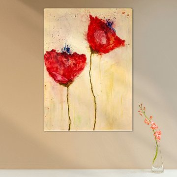 Two poppies with blue buds