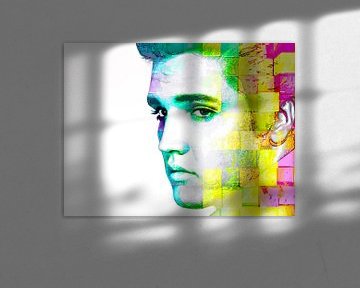 Elvis Presley Abstraktes modernes Porträt in Blau, Gelb, Rosa von Art By Dominic