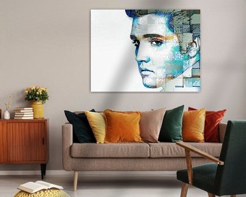 Elvis Presley Abstraktes modernes Porträt in Blau, Orange, Grau von Art By Dominic