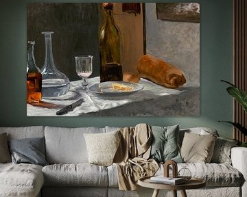 Stilleven met fles, karaf, brood en wijn, Claude Monet