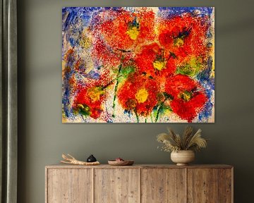 Red flowers against a blue background by Klaus Heidecker