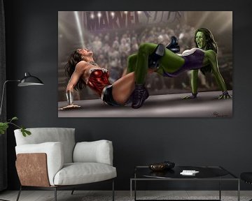 Gevecht tussen Wonder Woman en She Hulk, digitaal schilderij van Atelier Liesjes