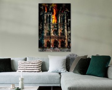 Notre Dame in brand, aquarel, Parijs van Theodor Decker