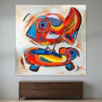 Un joyeux travail de style Cobra d'un oiseau et d'une tortue sur Nicole Habets