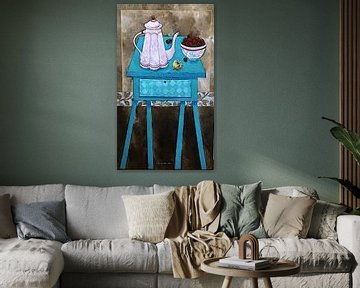 Stilleven met gek blauw tafeltje van Eveline van Rooy