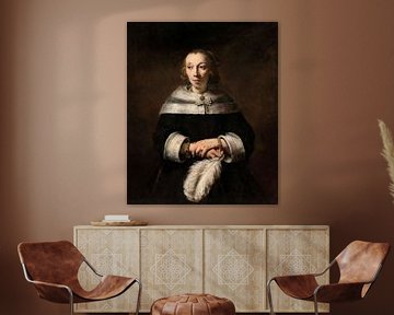 Portret van een dame met een struisvogelfan, Rembrandt van Rijn
