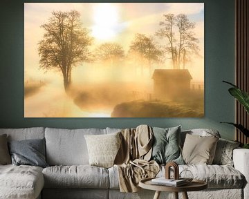 Een prachtige mist hangt over het landschap bij Landgoed Nienoord in Leek