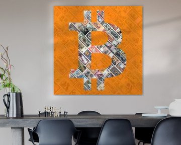 "Bitcoin over bills" - Bitcoin kunst - logo achter oude, opgeschorte bankbiljetten