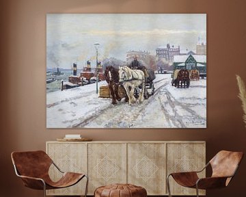 Een paardenkoets op een besneeuwde kade in Rotterdam van Atelier Liesjes