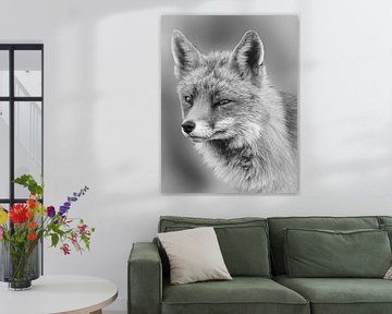 Portrait d'un renard en noir et blanc sur Marjolein van Middelkoop