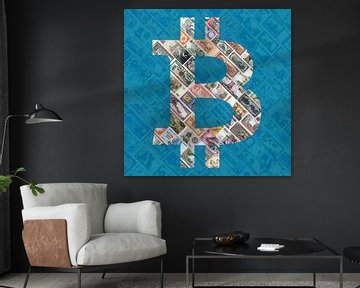 "Bitcoin over bills"  (in blauw) - Bitcoin kunst - logo achter oude, opgeschorte bankbilje van Roger VDB