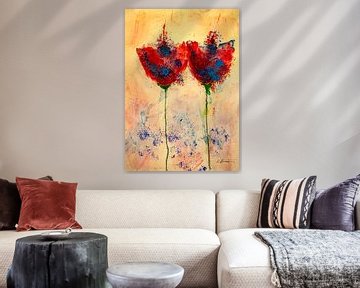 Two red blue poppies with long stems by Klaus Heidecker