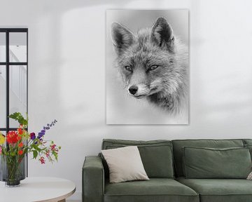 Portret van een vos in zwart wit van Marjolein van Middelkoop