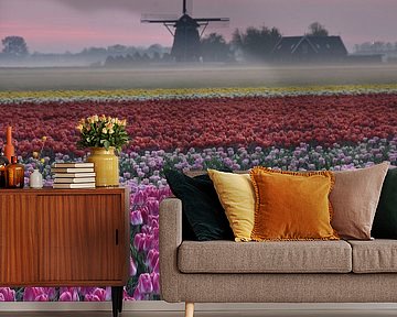 Flowerbulb field with mill and soil fog by John Leeninga