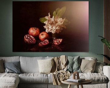 Happy spring still life with pomegranates and rhododendron . by Saskia Dingemans Awarded Photographer