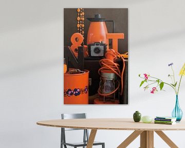 Still life with retro and vintage stuff in orange and brown. by Therese Brals