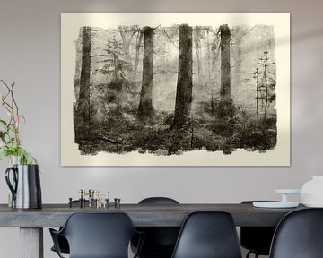 Watercolour of misty autumn forest