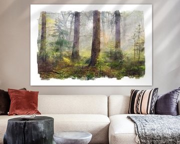 Watercolour of misty autumn forest