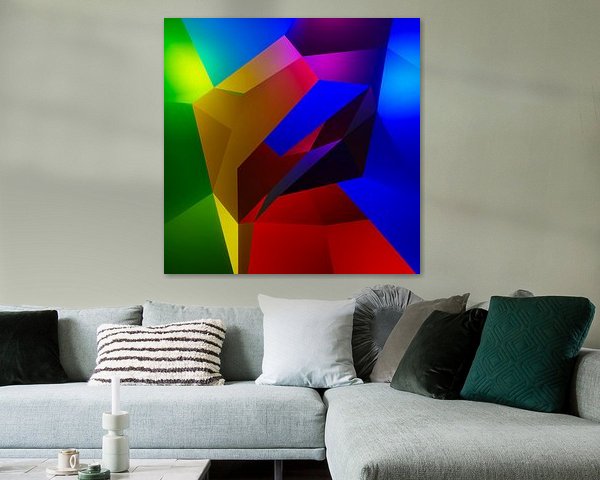 Kleurrijk kubistisch 3d kunstwerk met een figuur die de zon aanbid