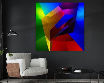 Kleurrijk kubistisch 3d kunstwerk met een figuur die de zon aanbid van Pat Bloom - Moderne 3D, abstracte kubistische en futurisme kunst