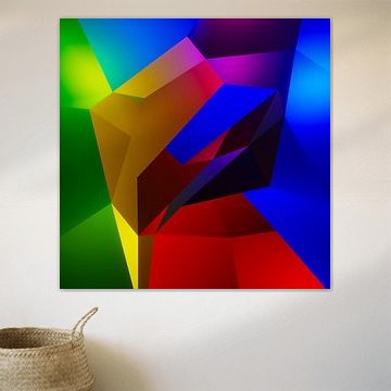 Colorful cubist 3d artwork with a figure worshiping the sun