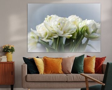 Spring flowers white peony tulips in the vase on a light background in the sun by Idema Media
