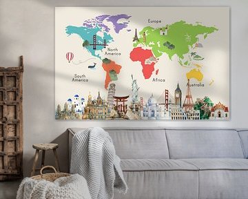 Wereldkaart met beroemde plaatsen