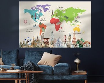 Wereldkaart met beroemde plaatsen van Creatieve Kaarten