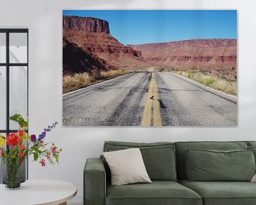 Typische Amerikaanse Road Trip, weg met adembenemend Canyon landschap in Utah van Michiel Dros