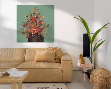 Porträt mit Blumen, Hummeln, Rotkehlchen und einem Schmetterling (grüner Hintergrund) von toon joosen