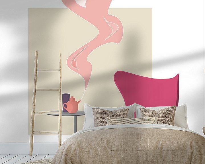 Sfeerimpressie behang: Design interieur illustratie met roze Egg Chair van Ebelien