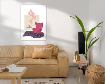Illustration d'intérieur design avec le fauteuil Egg Chair rose sur Ebelien
