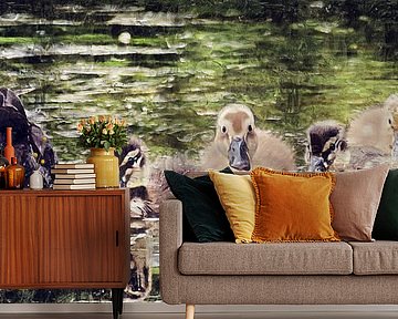 Moeder eend met jonge eendjes (panorama) (schilderij)