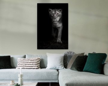 Ashen white, ashen moonlit night lioness in darkness with bright ebony eyes. Black-beast with colore by Michael Semenov