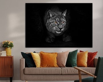 streng en formidabel in de grot. lynx in de nachtelijke duisternis, heldere ogen gloeien geel lichaa van Michael Semenov