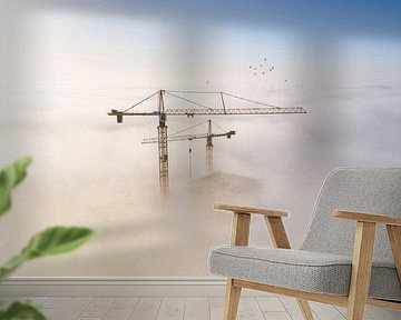 Construction cranes in the Mist by Droninger