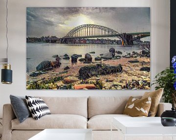 Impressionistisch kunstwerk van Nijmegen - Strandje, de Waal en de Waalkade
