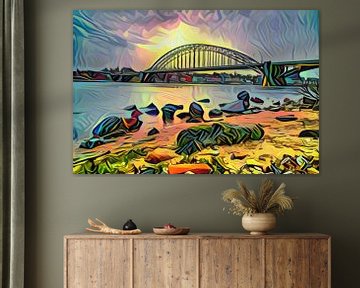 Abstract art of Nijmegen - Panoramic painting of the Waal bridge near Nijmegen by Slimme Kunst.nl