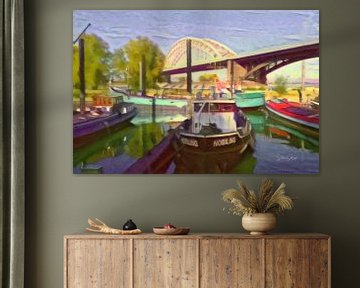 Artwork of Nijmegen - Colourful boats in front of the Waal bridge by Slimme Kunst.nl
