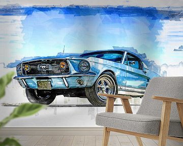 Ford Mustang 1967 schilderij aquarelverf van Bert Hooijer