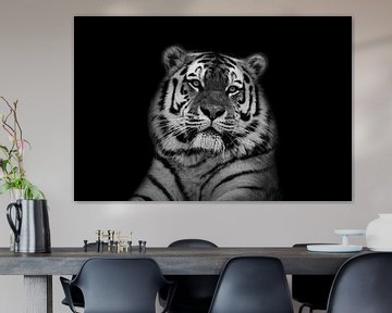 Tiger mit schwarzem Hintergrund in Schwarz-Weiß von Maria-Maaike Dijkstra