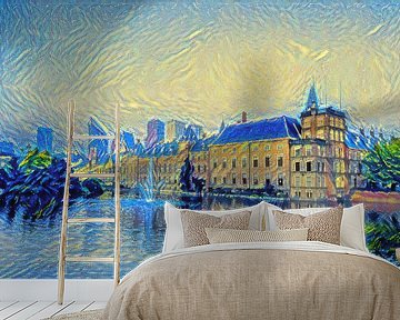 Buitenhof aan Hofvijver Den Haag in stijl van Sterrennacht van Slimme Kunst.nl