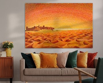 Painting Sahara desert with Kasbah by Ton van Breukelen