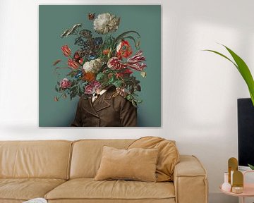 Portret van een man met een boeket bloemen (groengrijs / vierkant) van toon joosen