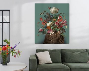 Portrait of a man with a bouquet of flowers (green-grey / rectangular)