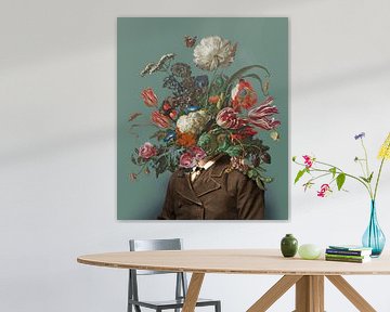 Portret van een man met een boeket bloemen (groengrijs / rechthoekig)