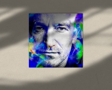 Abstraktes modernes Bono-Portrait von U2 in Blau, Violett von Art By Dominic
