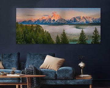 Zonsopkomst panorama van de Snake River Overlook in Grand Teton N.P in Wyoming