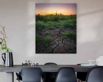 Mill in landscape at sunrise by Tomas van der Weijden