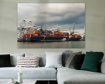 Cargo container ship at the container terminal in the port of Rotterdam by Sjoerd van der Wal